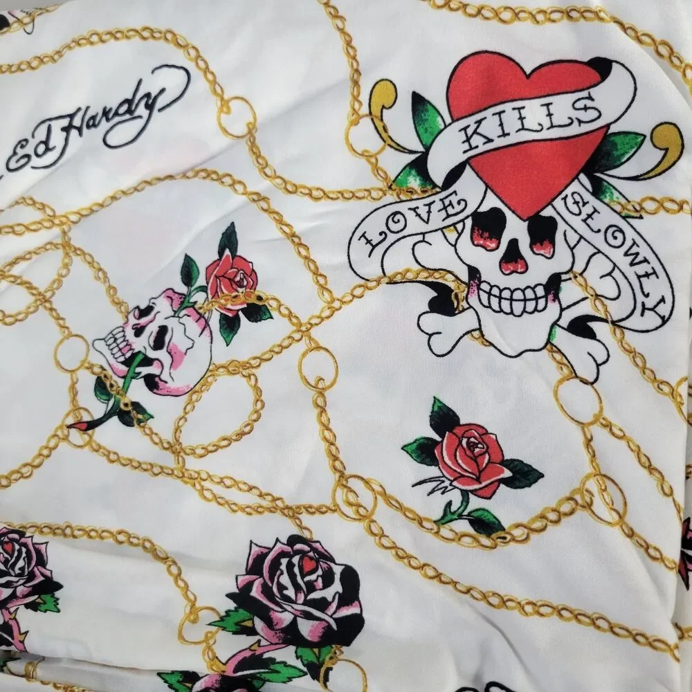 Ed Hardy KING Sheets Set 6pc White Pink Skull Roses Gold Chain Love Kills Tattoo
